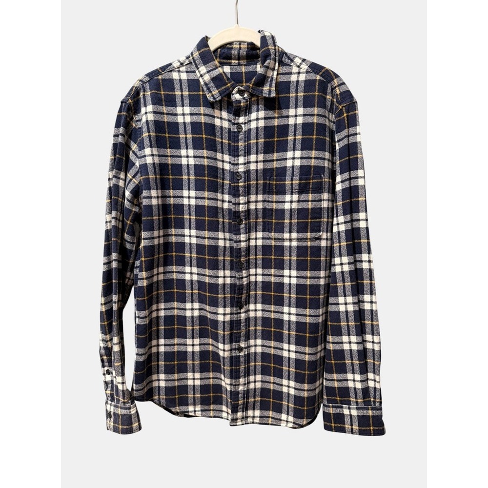 Gap Navy Blue Yellow Plaid Flannel Button Down Cotton Shirt Mens Workwear Farm/M